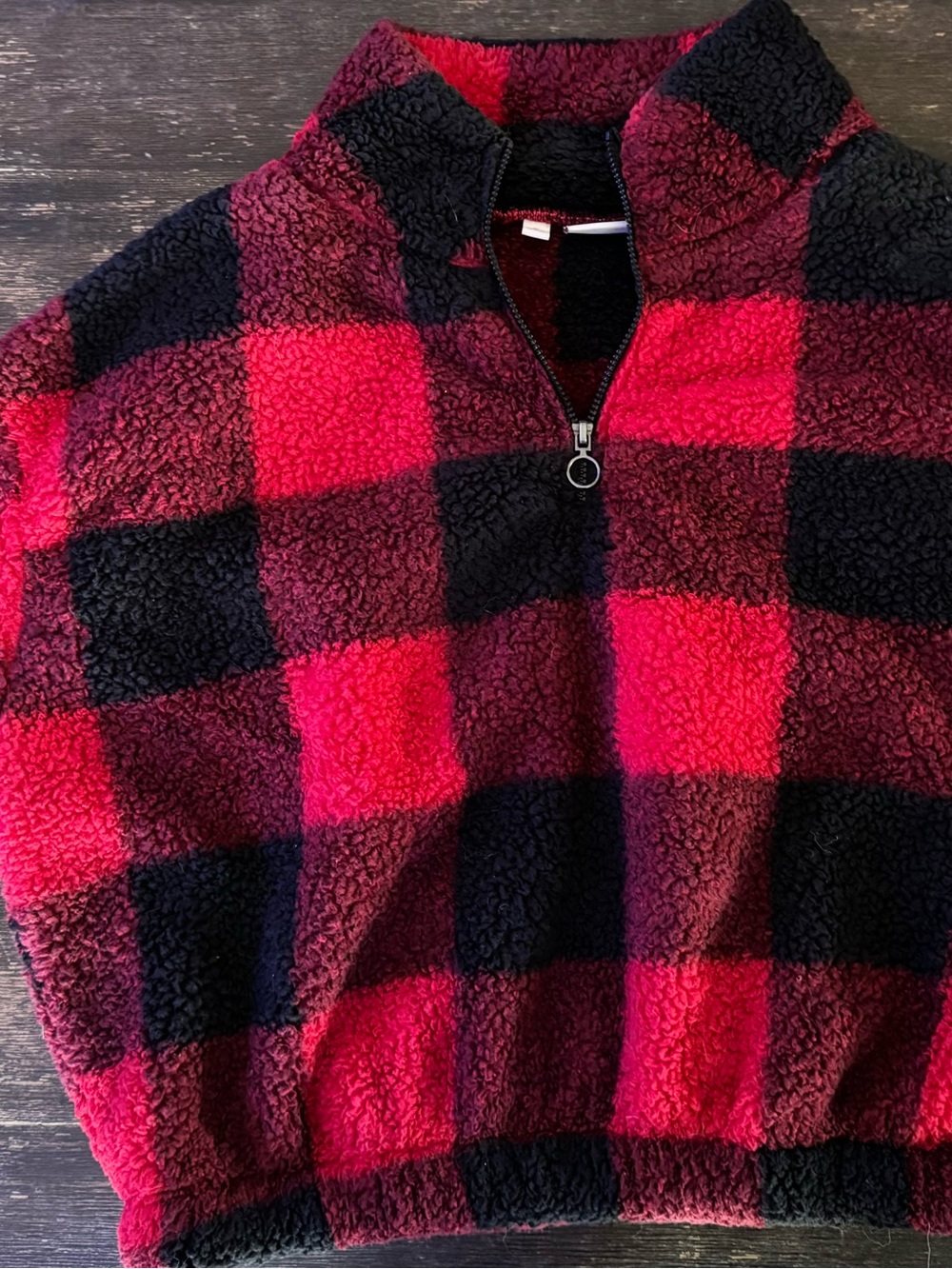 SO Red and Black Buffalo Plaid Sherpa Half-Zip Pullover